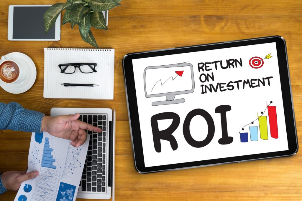 Tablet displaying a return on investment (ROI) dashboard on a desk